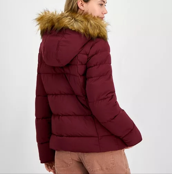 NWT Maralyn & Me Wine Hooded Cozy Puffer Coat With Faux Fur Trim Size XL - Picture 12 of 14